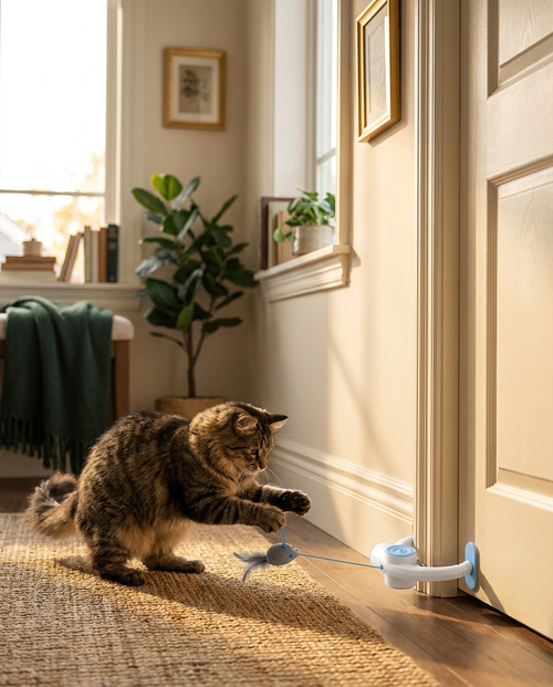 Cat pouncing at The Door Hunter retractable cat toy on a door