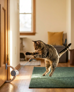 Cat hunting The Door Hunter retractable cat toy on a door