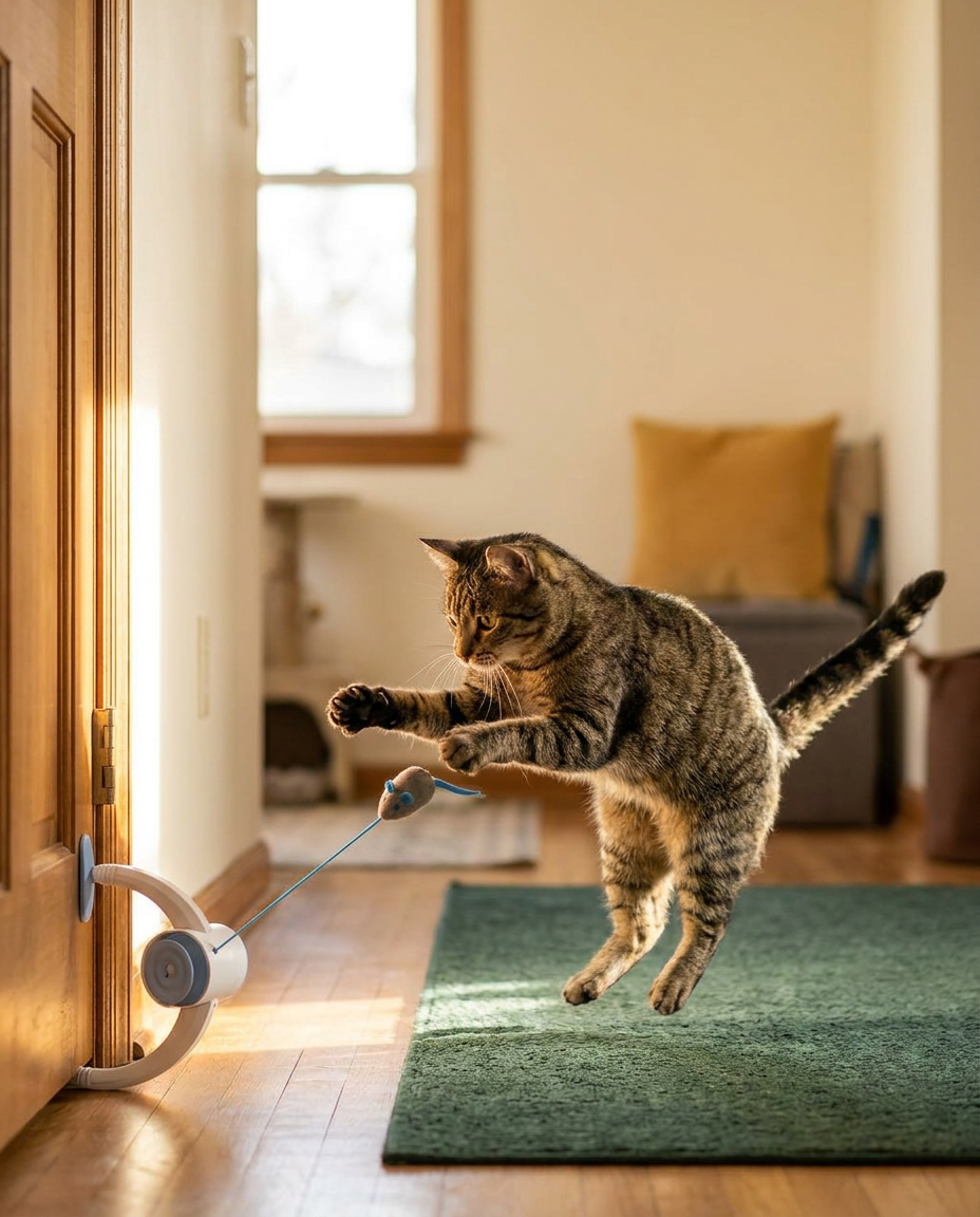 Cat hunting The Door Hunter retractable cat toy on a door