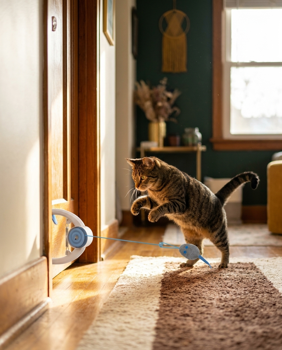 Cat playing with The Door Hunter retractable cat toy on a door