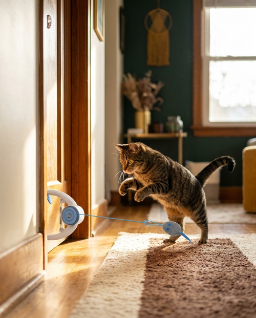 Cat playing with The Door Hunter retractable cat toy on a door