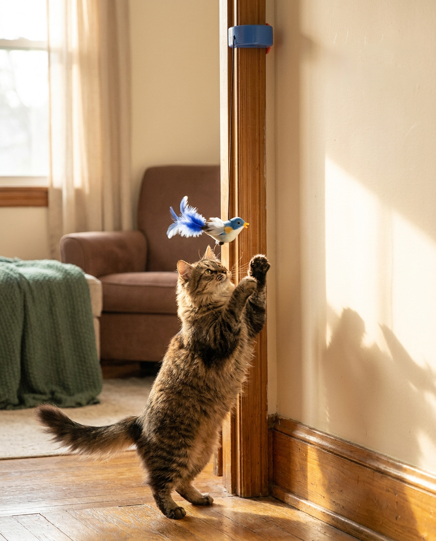 Cat playing with The Rotation Toy smart hanging cat entertainer