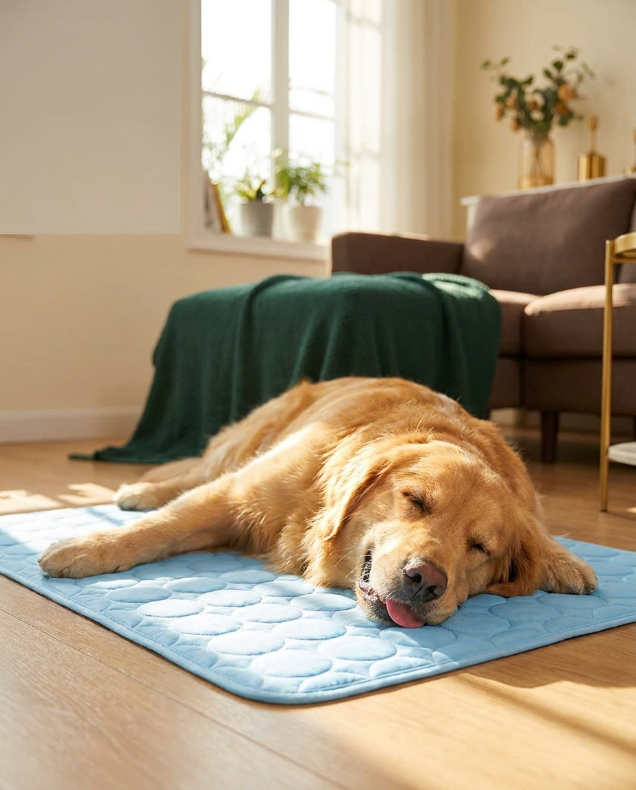 Dog sprawled on The Cooling Mat in a sunny spot
