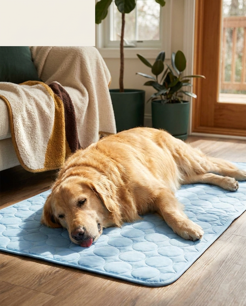 Dog relaxing on The Cooling Mat ice silk pet mat