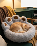 Cat cozy in The Burrow Nest flannel pet bed