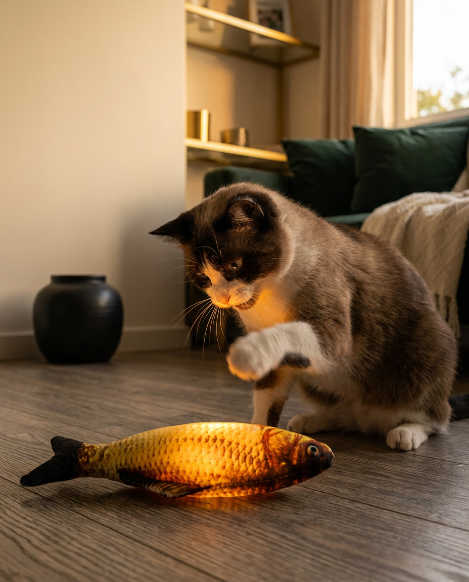 Cat engaged with The Swing Fish at dusk