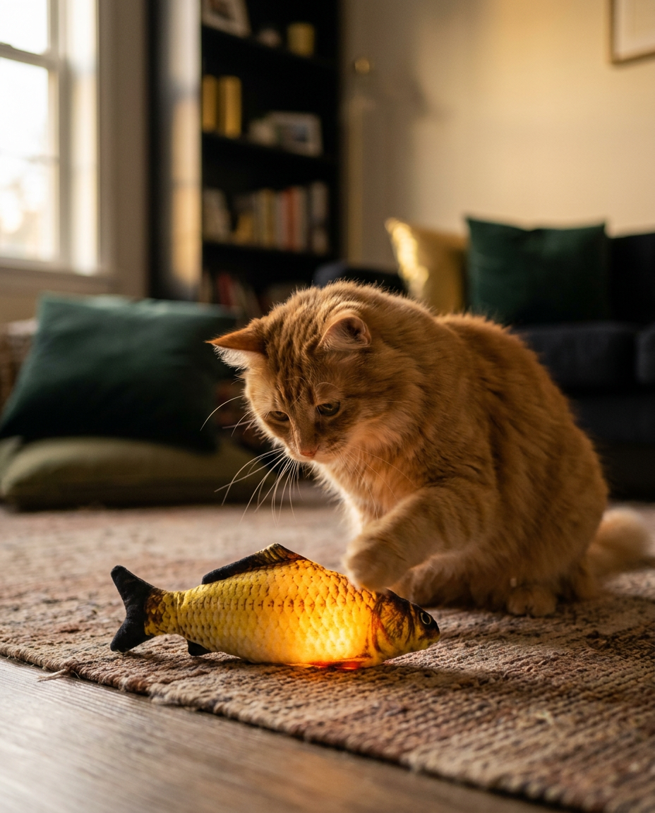 Cat batting at The Swing Fish glowing cat toy