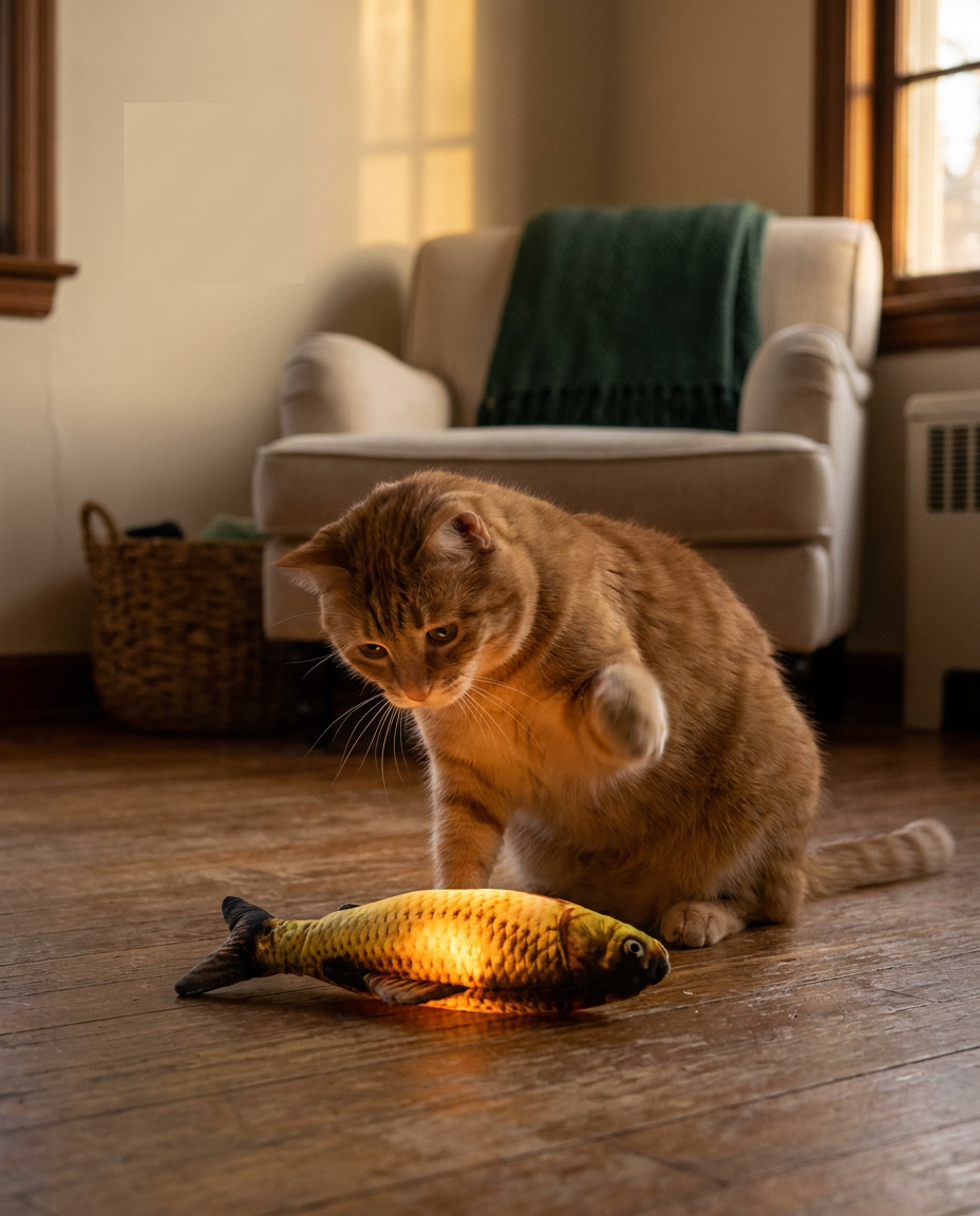 Cat playing with The Swing Fish glowing motion cat toy