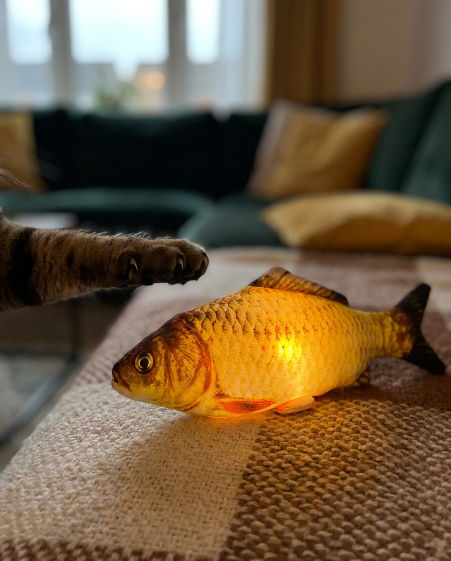 Close-up of LED glow and texture on The Swing Fish toy