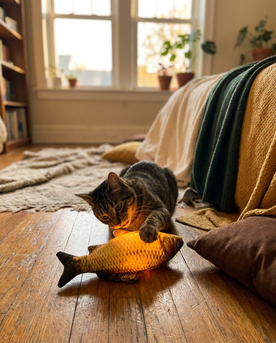 Cat playing with the Swing Fish toy in Carp design