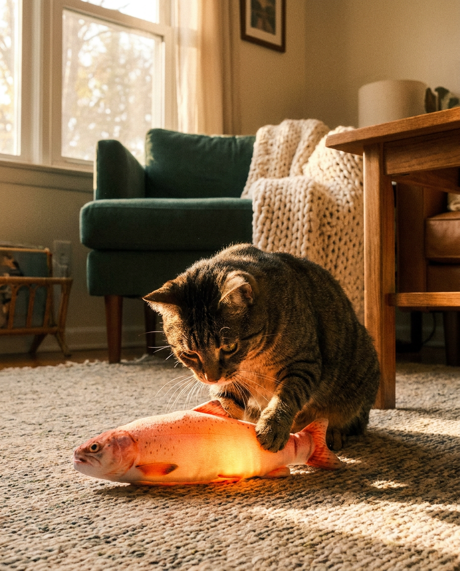 Cat playing with the Swing Fish toy in Salmon design