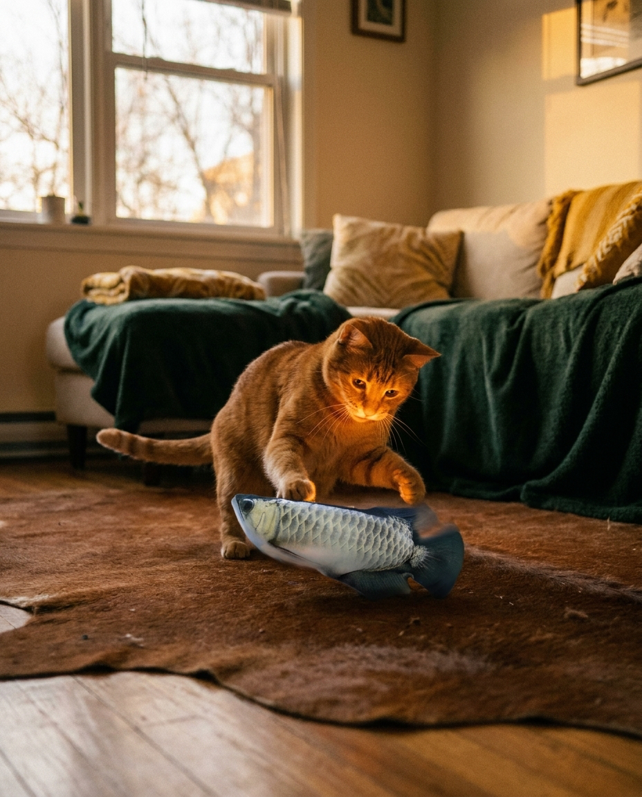 Cat playing with the Swing Fish toy in Silver Arowana design