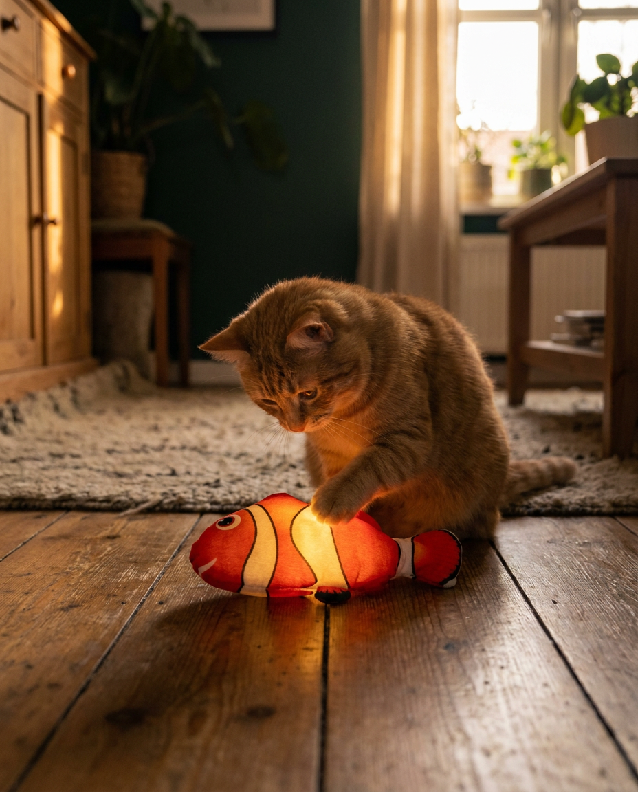Cat playing with the Swing Fish toy in Clown Fish design