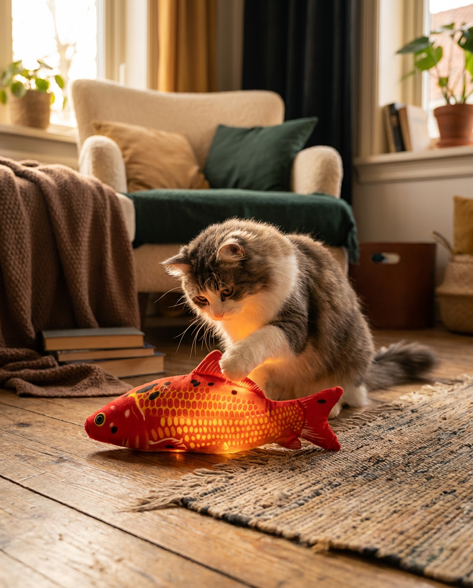 Cat playing with the Swing Fish toy in Red Carp design