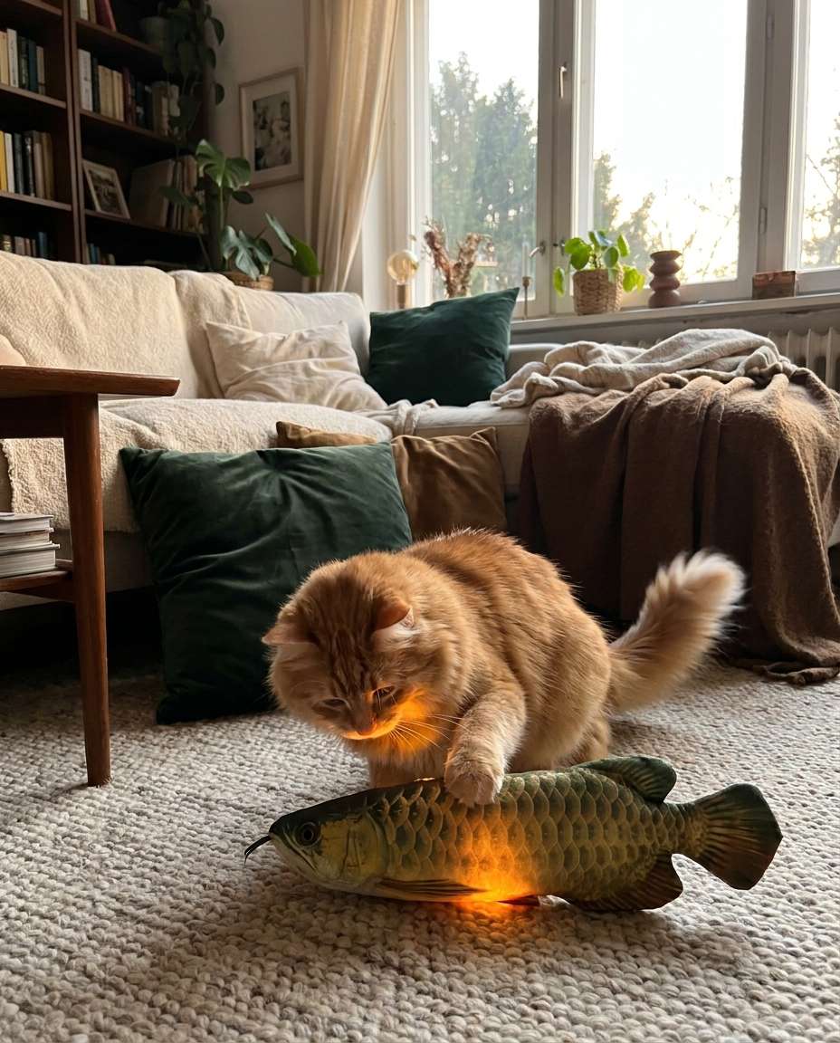 Cat playing with the Swing Fish toy in Arowana design