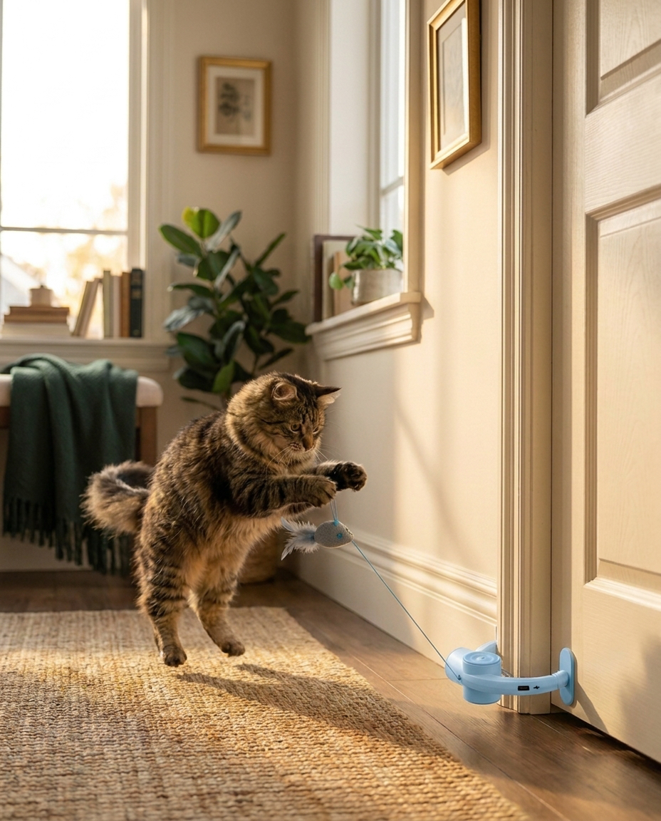 Cat pouncing at The Door Hunter in Sky Blue USB Charge design