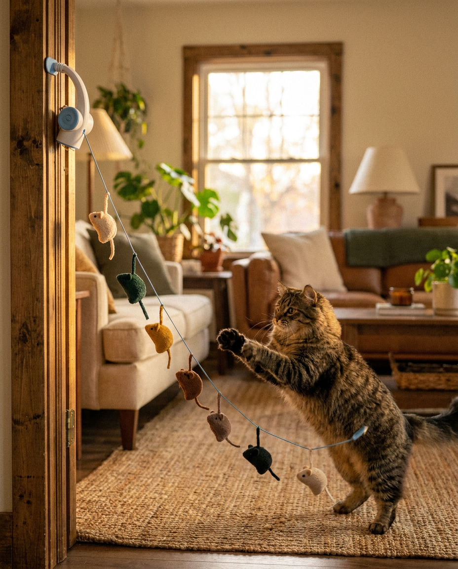 Cat pouncing at The Door Hunter with 8pcs toy mice attachment