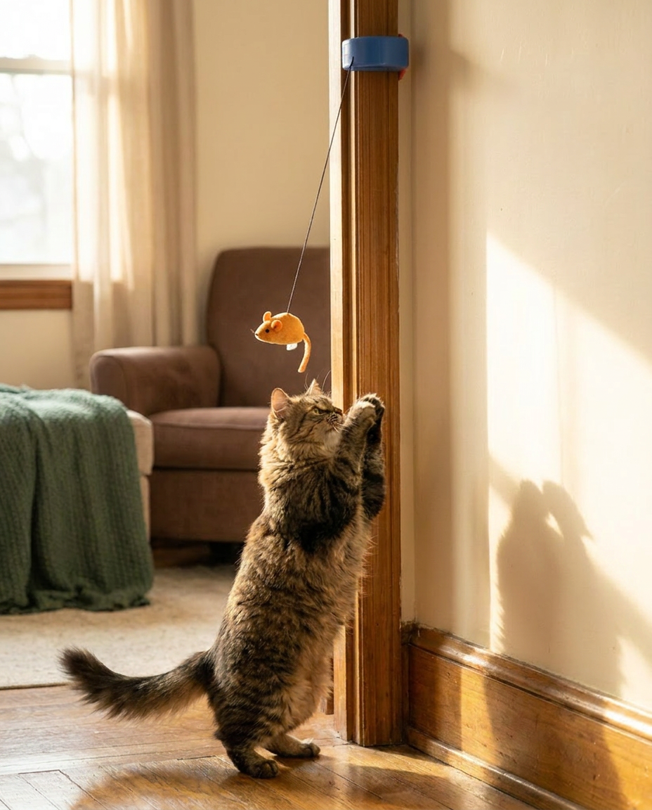 Cat playing with The Rotation Toy in orange-pendant mouse design