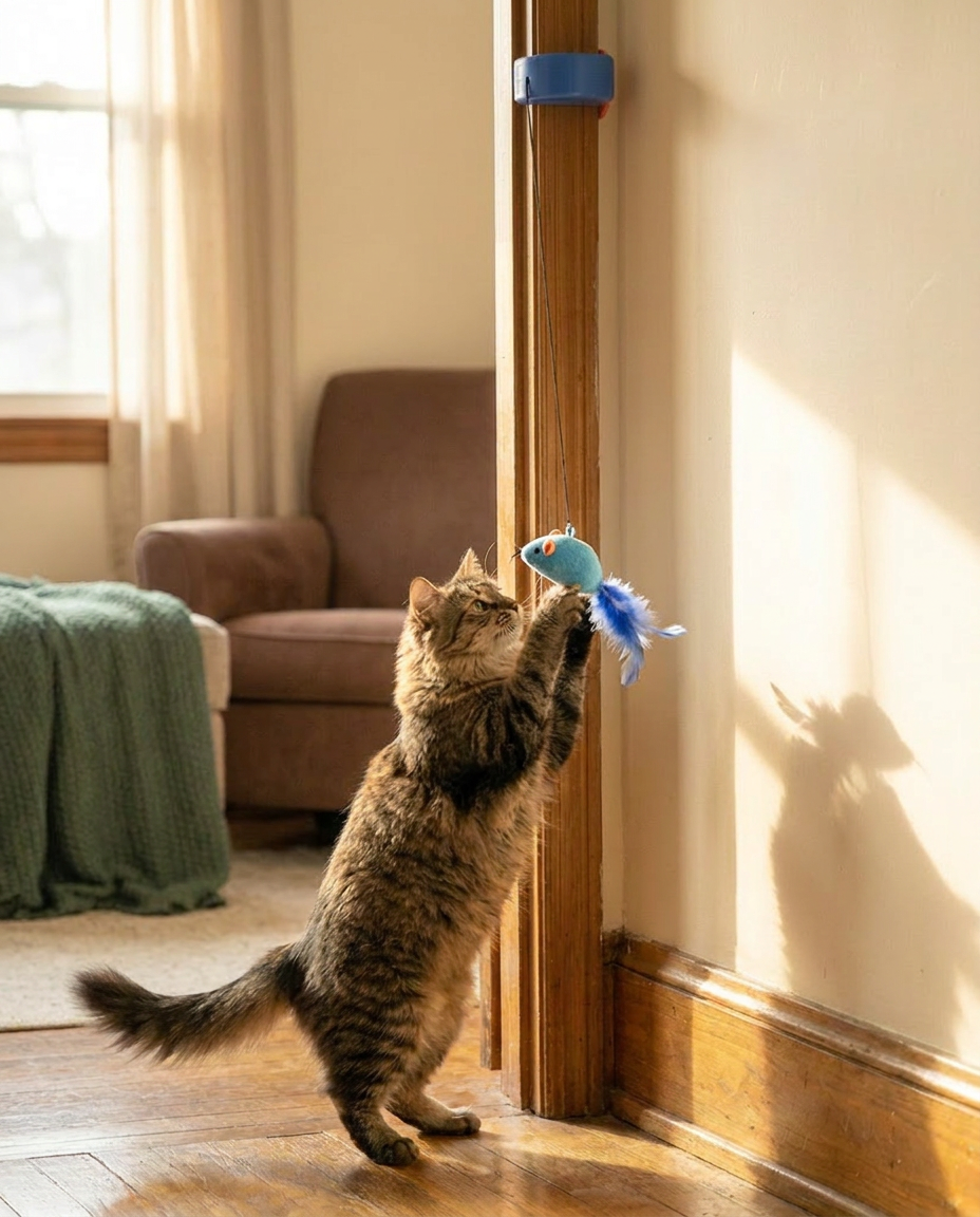 Cat playing with The Rotation Toy in blue-pendant mouse design